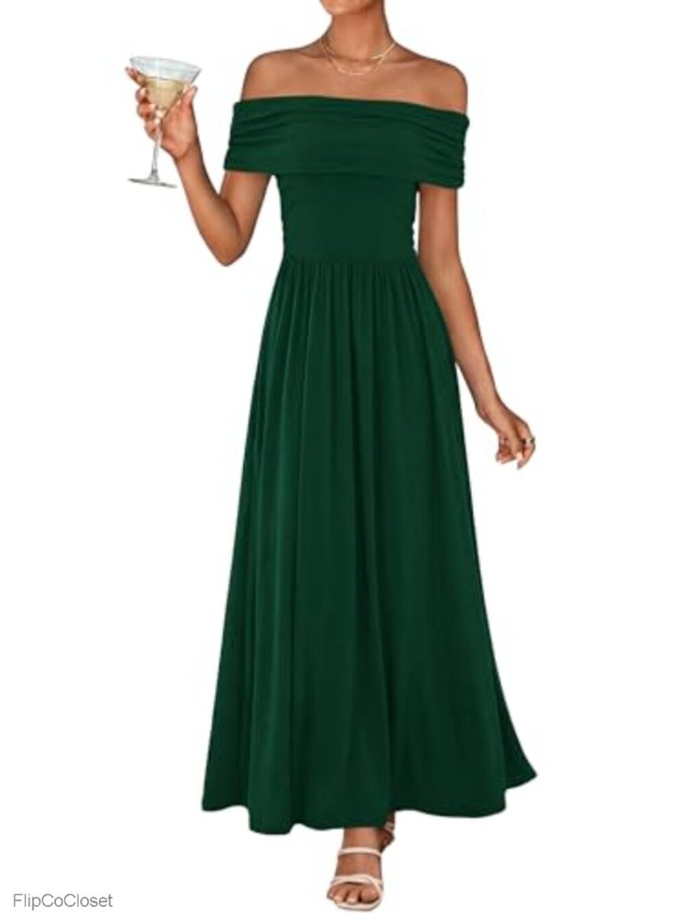 KIRUNDO Off Shoulder Ruched Pleated Flowy Formal Party Maxi Dress